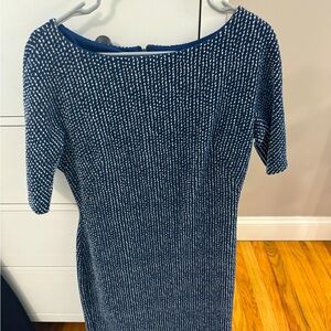 Maggy London size 12 textured body con blue, black and white professional dress